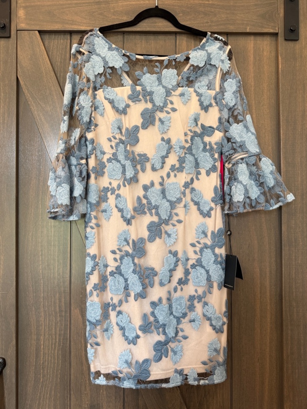 Adrianna Papell Blue Lace Floral Illusion Sleeve Dress
